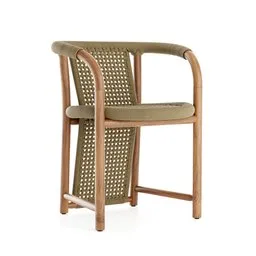 3D model of a teak wood dining chair with rope back-detail, Blender-rendered, isolated on white.