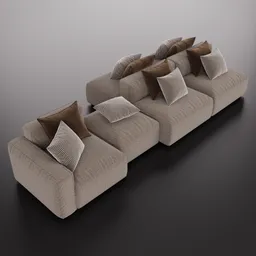 Realistic Blender 3D model of a modular beige fabric sofa with pillows, optimized for Blender 4.0+.