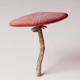 "3D model of a realistic poisonous red mushroom created with Blender 3D software. The mushroom features a distinct fuschia skin and mushroom cap, and is placed on a wooden plate. Perfect for environmentally themed projects."