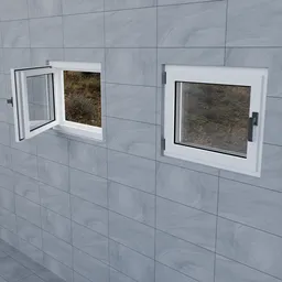 Realistic Blender 3D model of a white, fully operable window with a wooden sill on a tiled wall.