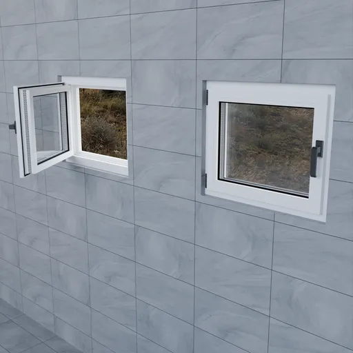 Realistic Blender 3D model of a white, fully operable window with a wooden sill on a tiled wall.