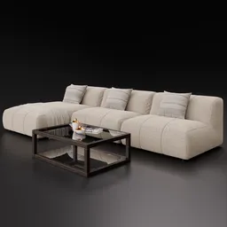 3D rendered fabric corner sofa with matching coffee table suitable for Blender modeling and visualization.