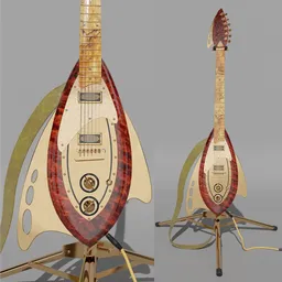 Detailed 3D model of the Backlund Moonster 1700 guitar in gold with red wood texture and accessories.