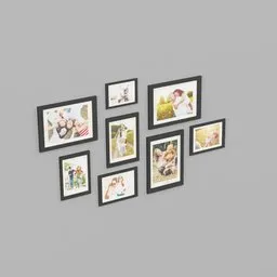 "Get the perfect wall photo frame set with 8 family photos with this photorealistic painting 3D model for Blender 3D. Featuring square picture frames and a detailed product image, this model is ideal for creating a realistic and personalized living room atmosphere. Including a snapshot, Polaroid image and tilt blur effect, this model is the perfect asset for your next interior design project."