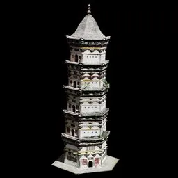 Detailed Blender 3D render of a historic seven-tiered Chinese pagoda with intricate Buddha niches.