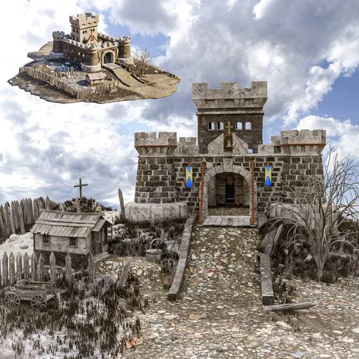 Detailed 3D medieval castle scene with surrounding landscape, cart, and well, ideal for Blender rendering.
