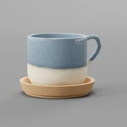 Realistic 3D-rendered ceramic mug with blue and white glaze sitting on a saucer, designed in Blender.