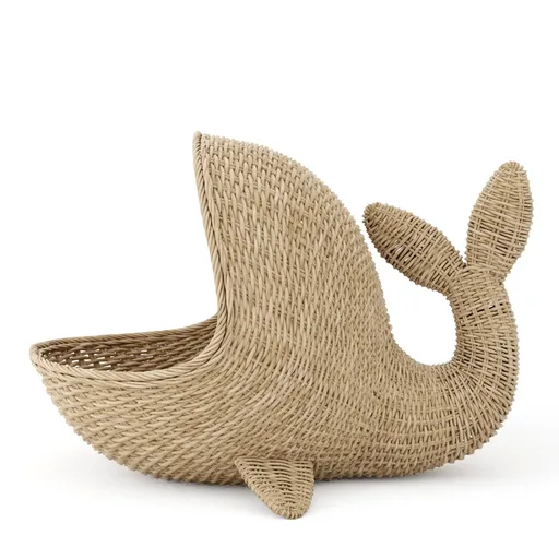 Detailed 3D whale-shaped wicker basket model, ideal for Blender animation and art projects.