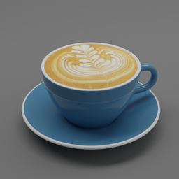 "Blue ACME Ceramic Cup with Rosetta Latte Art on Wooden Table - Realistic 3D Model for Blender 3D"