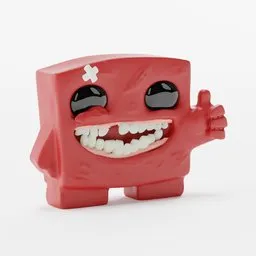 High-poly 3D render of a stylized, cartoonish red creature with a wide grin and a thumbs-up gesture, designed for Blender.