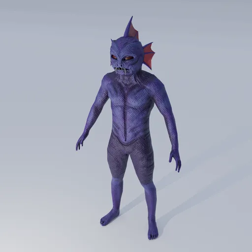 Low-poly 3D fish humanoid model, game-ready asset, designed in Blender 3D with a textured surface.