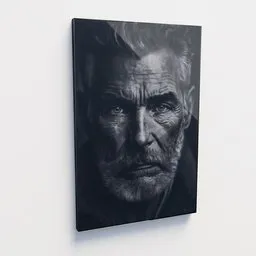 "High-quality 3D model of a painting featuring a black and white portrait of a senior man with a mustache. Ideal for art galleries and collections. Created using Blender 3D software."