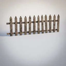 Detailed 3D model of a rustic, weathered wooden picket fence, designed for Blender with array compatibility.