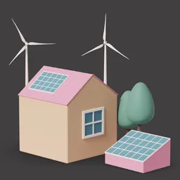 House with solar panels and turbines