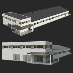 "Explore a highly detailed public warehouse with an attached office using this Blender 3D model. The model comes complete with metal shutters, smooth solid concrete, and low-poly furniture visible through the windows. Ideal for industrial or data center scenes."