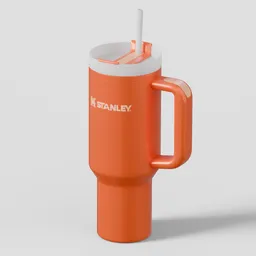 3D modeled metallic-orange Stanley Tumbler with clear lid/straw, optimized for Blender.