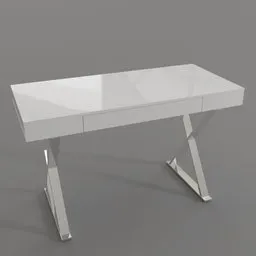 "White painted cosmetic table with chrome legs and a drawer, perfect for modern interior. Real dimensions: 550x1200x760mm. 3D model for Blender 3D by nekroxiii."