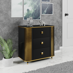 "Black and gold modern bedside table 3D model for Blender 3D. Simple and elegant design with accurate features and golden accessories. Perfect for interior scenes inspired by old Hollywood themes."