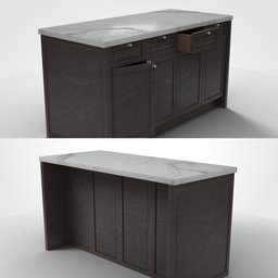 Detailed 3D rendering of a modern kitchen bar counter with cabinets, suitable for Blender 3D projects.