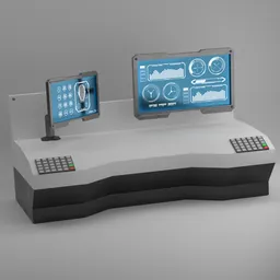 Detailed 3D model of a futuristic table with integrated display and keyboard, Blender compatible, in a sleek design suitable for sci-fi settings.