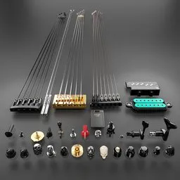 High-detail Blender 3D model kit of guitar parts for e-bass and guitar, featuring strings, pickups, tuners, and bridges.