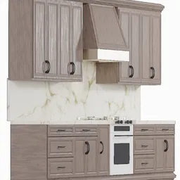"Explore the elegance of a modern kitchen 3D model with stove, oven, cabinets, and sink in Blender 3D. This dark sienna and white set is inspired by Master of the Legend of Saint Lucy and Antonio Canova's marbling. Perfect for product display with a 3/4 side view and taupe style."