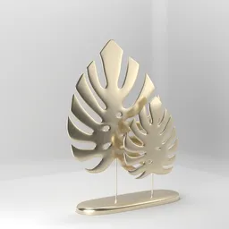 "Monstera Metal Sculpture for Blender 3D: Luxury Interior Decoration inspired by Avigdor Arikha and Matisse. Highly detailed 3D model with gold leaf design on a stand, perfect for modern home decor and 3D printing."