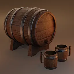 Realistic Blender 3D rendering of a wooden barrel next to two mugs, with detailed textures suitable for bar scene modeling.