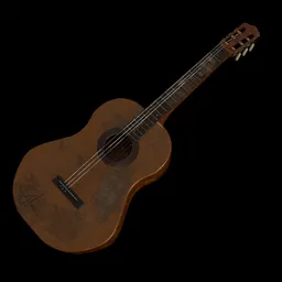 Realistic 3D model of a worn Spanish guitar with scratches, suitable for virtual staging and Blender projects.