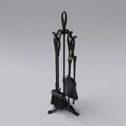 "Fireplace Accessories 3D Model for Blender 3D: Black metal broom and broom set, inspired by Alexei Kondratyevich Savrasov's art, with procedural shaders and SubD modifiers. Includes a stove, blacksmith apron, and spade. Perfect for realistic fireplace scenes in Blender 3D projects."