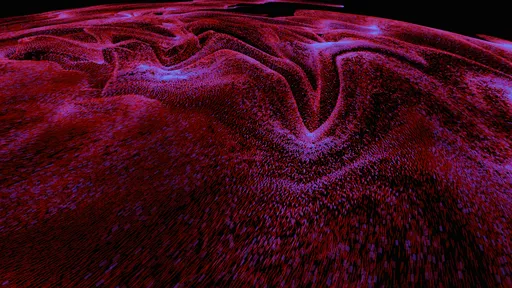 Dynamic swirling particle system in red and purple hues, Blender 3D procedural effect visualization.
