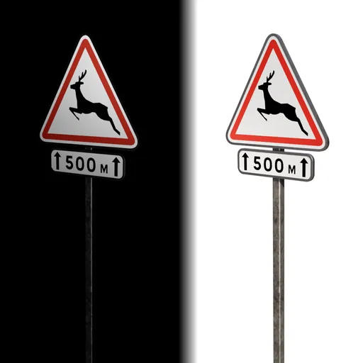 Detailed 3D model of a French deer crossing road sign, showing reflective texture suitable for Blender night scenes.