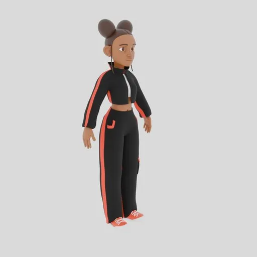 Rigged 3D hip hop female model in stylish outfit with bun hairstyle for Blender.