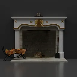 "Baroque style luxury fireplace set with chair and realistic fire in a room. 3D model created in Blender with highly detailed marble columns and gold accents. Dimensions: HW 1.62m, 2.11m."