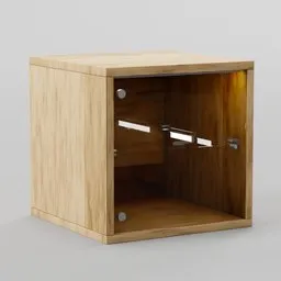 Detailed Blender 3D model showcasing a wooden wall-mounted storage cabinet with glass door and shelves.