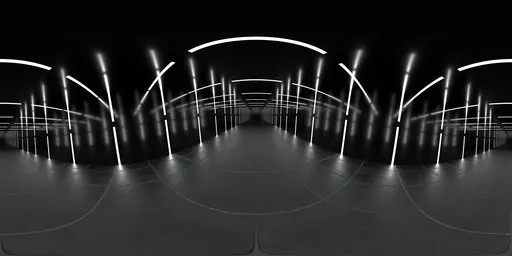 Monochrome HDR image featuring white lights in a studio setting with symmetrical design for scene lighting.
