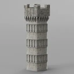 Detailed 3D medieval tower model for Blender, with stone textures and ramparts, ready for rendering.