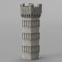 "A detailed 3D model of a medieval tower with a clock on top and Roman pillars, designed for fantasy and RPG settings. Compatible with both Cycles and Eevee rendering in Blender 3D software."