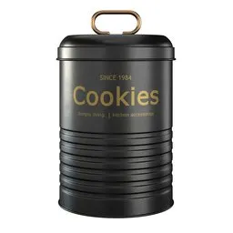 Black vintage 3D cookie pot model in Blender with gold lettering, ideal for kitchen accessory rendering.