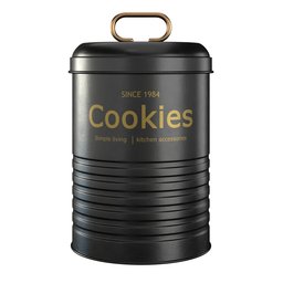 "Blender 3D model of a black metal cookie pot with gold lid from the 'storage' category. Realistic proportions and unique design inspired by Albert Anker. Made in 2019 using Inkscape software."