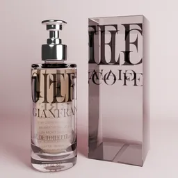 Detailed 3D model of a clear glass perfume bottle with reflective cap and label, created with Blender.