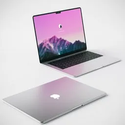 "Highly detailed 3D model of a Macbook laptop for Blender 3D software. Minimalist design with sharp, rounded edges and a 21:9 aspect ratio. Created by Mac Conner and Rezső Bálint, with rejected concepts and beautiful renderings."