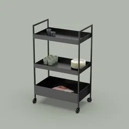 "3D model of the IKEA Nissafors trolley with plates and cups on a black shelf. This transportation design render was created using Blender 3D by Weiwei and Friedrich Traffelet. The model showcases simplified realism with a grey tarnished longcoat and thievery equipment, making it perfect for your 3D designs in 2018."