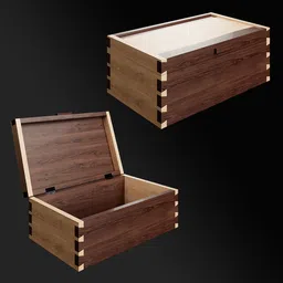 Detailed Blender 3D model of a wooden dovetail box, shown closed and open, highlighting functional hinges.