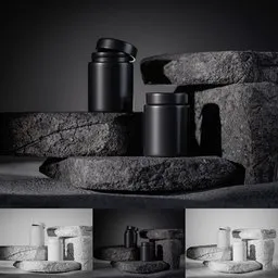 Two black containers on stone surface