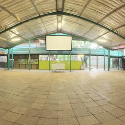 High-resolution schoolyard HDR panorama for realistic lighting in 3D rendered scenes.