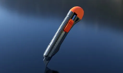 Detailed 3D rendering of a utility knife with a textured grip, reflective blade, and realistic shadows.