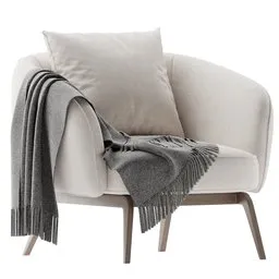 Detailed 3D rendered armchair with cushion and draped throw blanket, perfect for Blender 3D interior design visualization.
