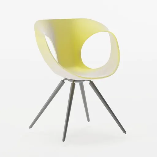 Yellow modern plastic and wood chair 3D model on white, for Blender design visualization