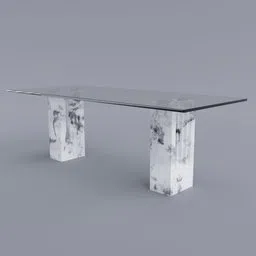 Realistic 3D model of a modern glass table with marble bases for Blender artists and interior design visualizations.
